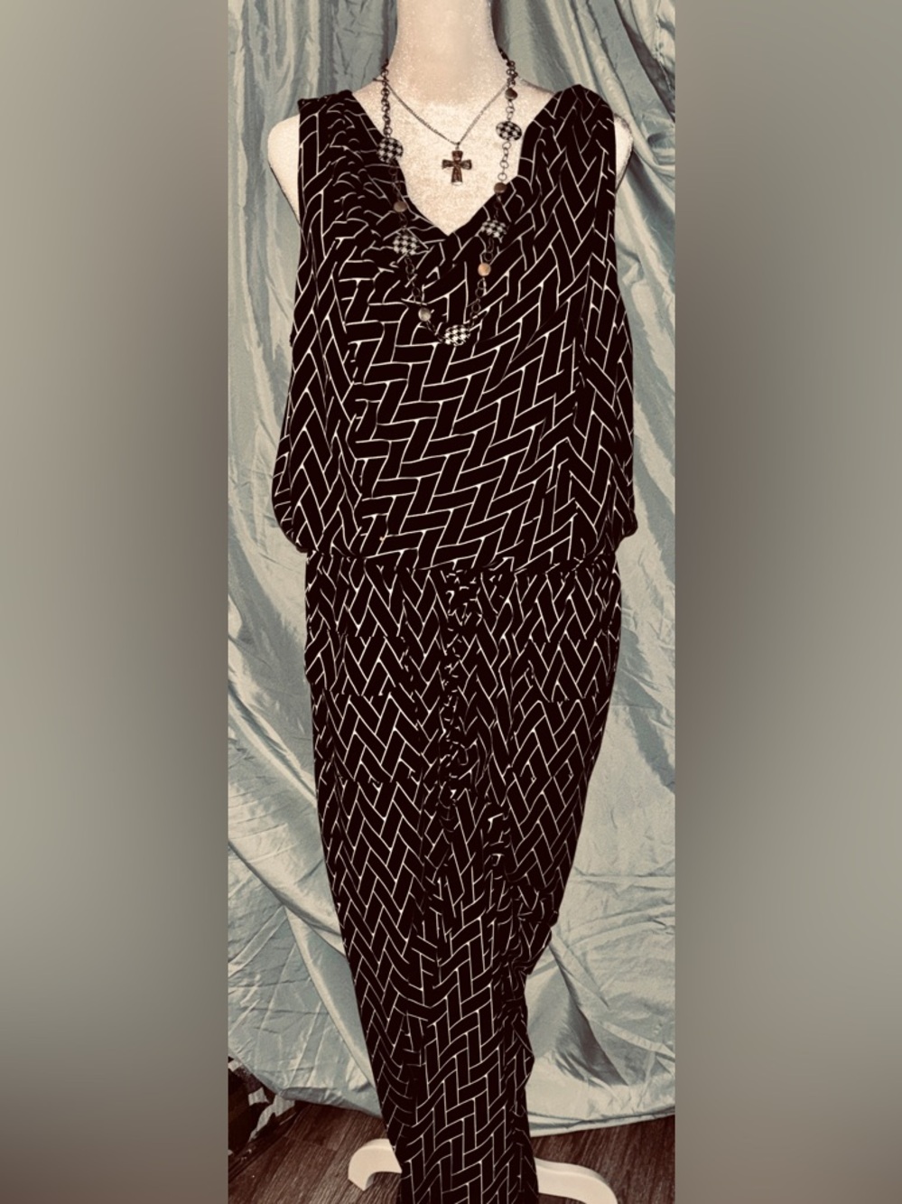 Soho Black and White Geometric Sleeveless Jumpsuit